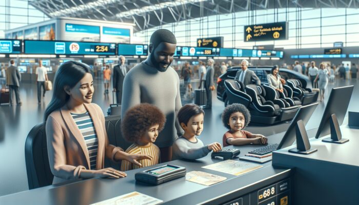 Family at car rental desk selecting GPS and child seat, vibrant airport backdrop.