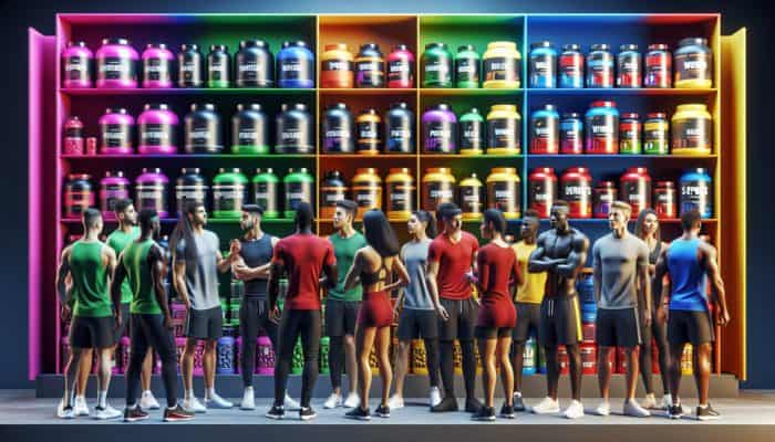 A colourful shelf of sports supplements like protein powders and vitamins, with young athletes in uniforms browsing and discussing.