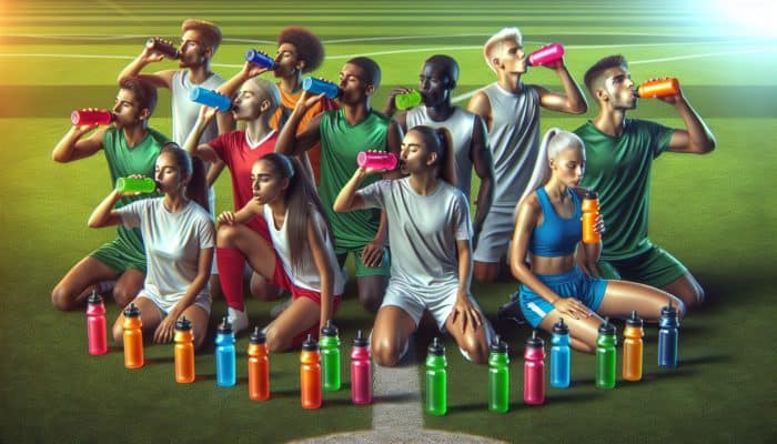 Young athletes using colourful electrolyte drinks and supplements during a soccer match on a vibrant field.