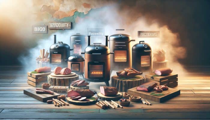 A range of cost-effective smokers on a rustic table surrounded by meats and smoking woods in warm light.