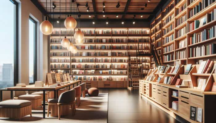 A cosy bookstore in Downtown Las Vegas featuring warm lighting and wooden shelves filled with a variety of books.
