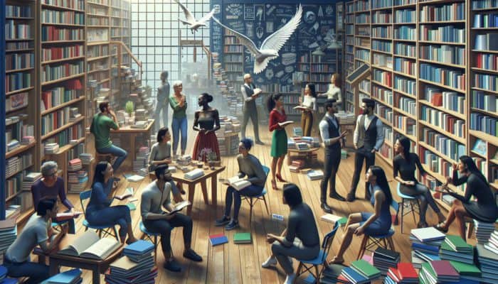 A lively bookstore with diverse groups engaged in animated book club discussions, surrounded by shelves of various genres, fostering community.