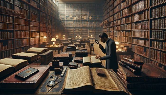 A collector examining a first edition in a dimly lit library filled with ancient, leather-bound books.