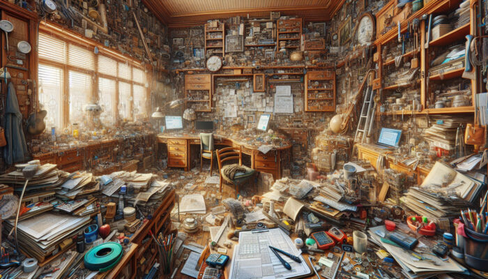Detailed walkthrough of cluttered house, assessing furniture and items, planning clearance strategy with tools.