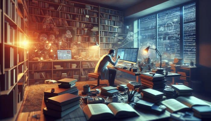 A researcher developing a detailed research strategy at a desk surrounded by books and digital devices in a cosy study room.