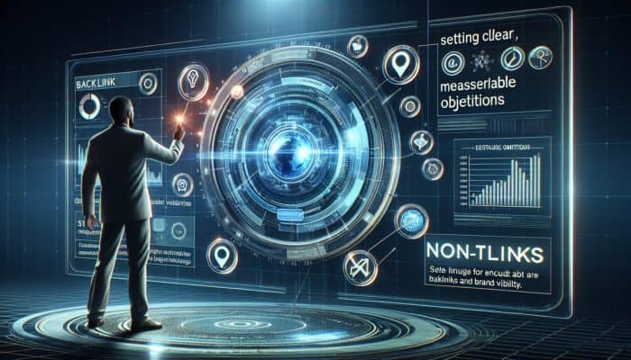 A researcher establishing clear objectives on a futuristic digital interface with graphs, insights, and icons for backlinks and brand visibility.