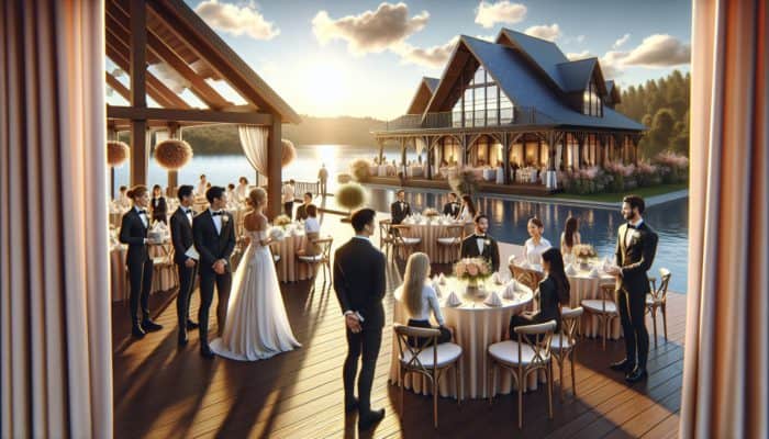 A romantic wedding at The Lake Club Benoni, featuring a scenic lake backdrop and elegant decorations.
