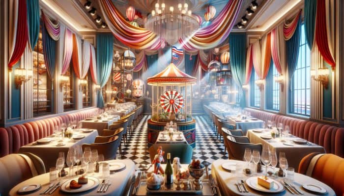 Top Restaurants Near The Bellagio: Luxurious French restaurant in Bellagio with colorful circus decor, gourmet dishes, and sophisticated wine selection.