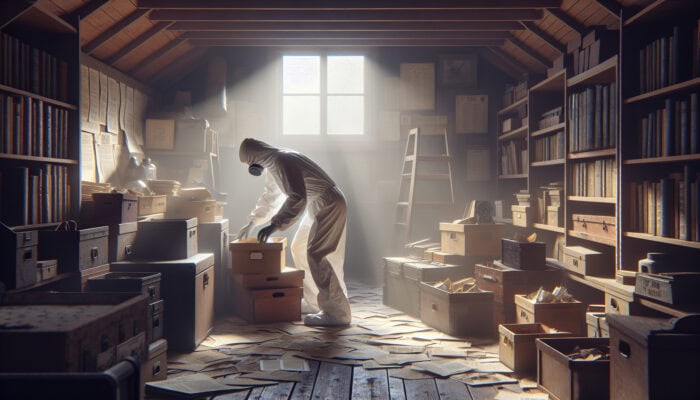 Individual in protective gear sorting through boxes and antiques in a dusty attic, sunlight streaming through the window.
