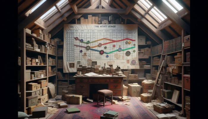 Timeline chart on a desk with attic items and UK regulatory documents, illustrating clearance milestones.
