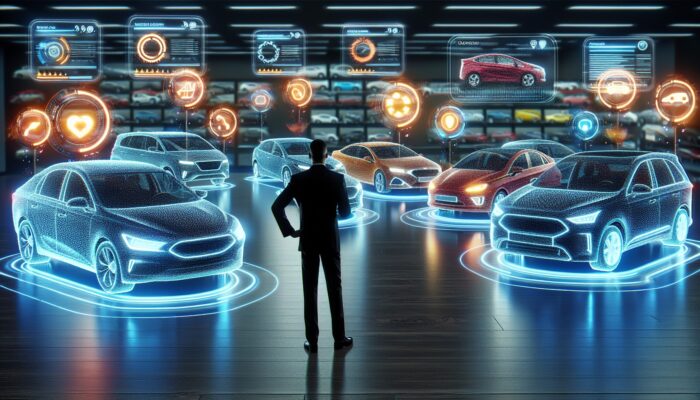 A person selecting a car from a rental fleet, guided by holographic user reviews in a contemporary agency.