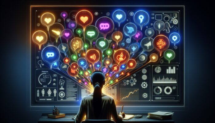 A person evaluating user feedback bubbles on a digital interface, distinguishing valuable insights from irrelevant commentary.