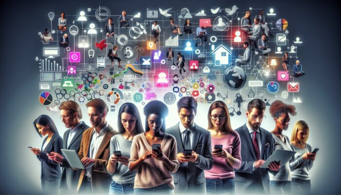 A diverse group analysing rental service feedback from various websites and social media, using devices while viewing data visualisations.