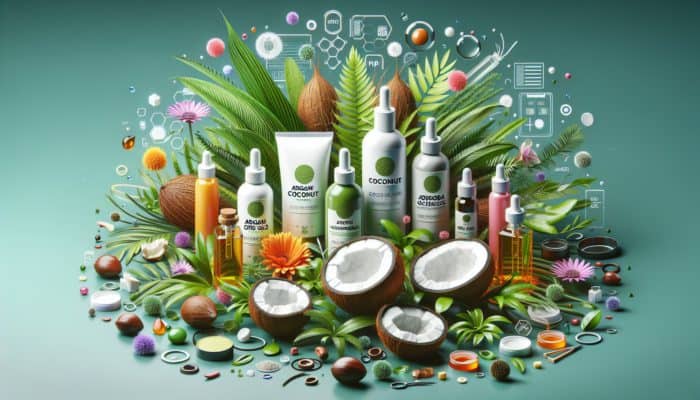 Eco-friendly hair products with argan, coconut, and jojoba oils, amidst organic plants, symbolising hair health.