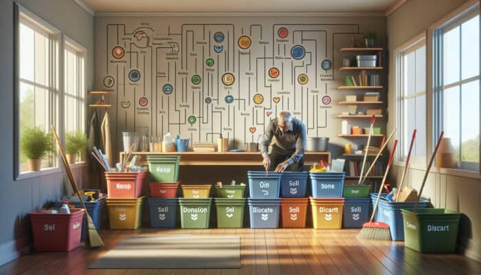 Person sorting items into labelled bins for budget house clearance, with cleaning supplies nearby.