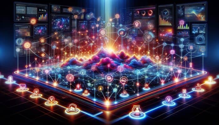 A digital landscape showcasing interconnected nodes and vibrant links, surrounded by glowing recommendations and expert advice icons.