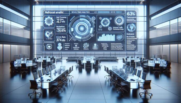 A modern dashboard displaying real-time forum link analytics in a contemporary office.