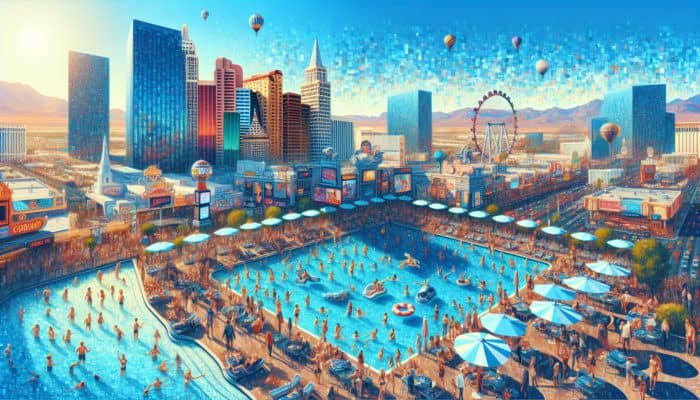 Individuals relishing pool parties, rides, and gourmet dining in a vibrant Las Vegas daytime scene.