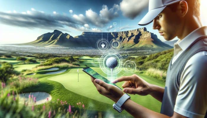 A South African golfer engaging with an app on the course, set against the iconic Table Mountain, enhancing their gameplay with tailored routines.