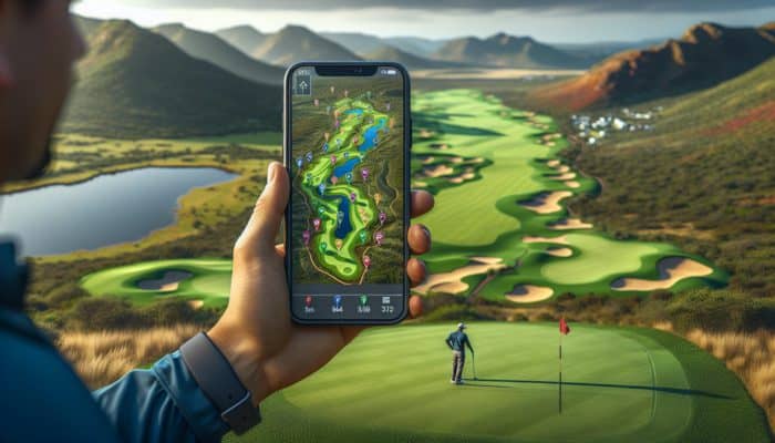 A golfer utilising a smartphone app with an intricate map of a South African golf course, showcasing diverse terrains and strategic planning.