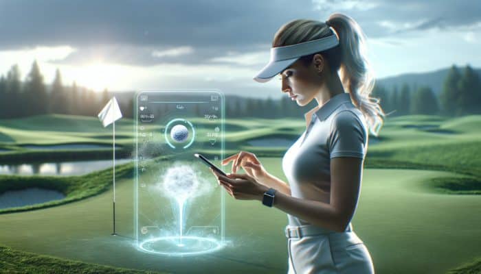 A golfer using a smartphone app on the course for organised practice, progress tracking, and instant feedback.