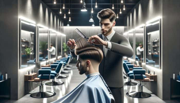 A barber skillfully cutting long layers into a man's hair in a contemporary barbershop setting with stylish mirrors and focused lighting.