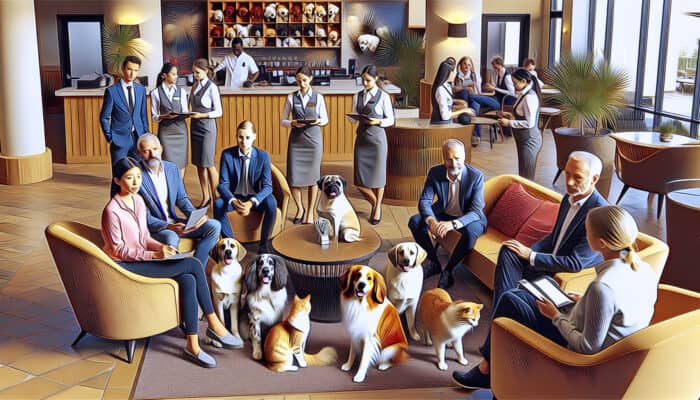 A welcoming hotel lobby featuring pets and staff offering pet-friendly amenities and guidance.