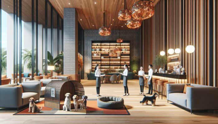 A charming hotel lobby featuring a pet-friendly area, including a pet spa and dog beds, with staff engaging with guests and their pets.